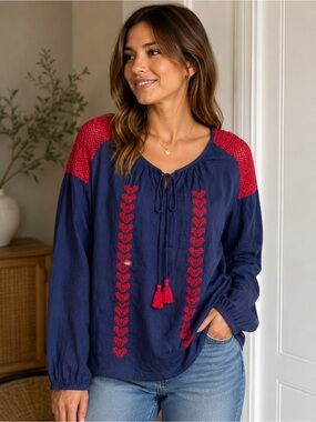 Roberta Roller Rabbit Navy Red Embroidered Tassel Peasant Top XS